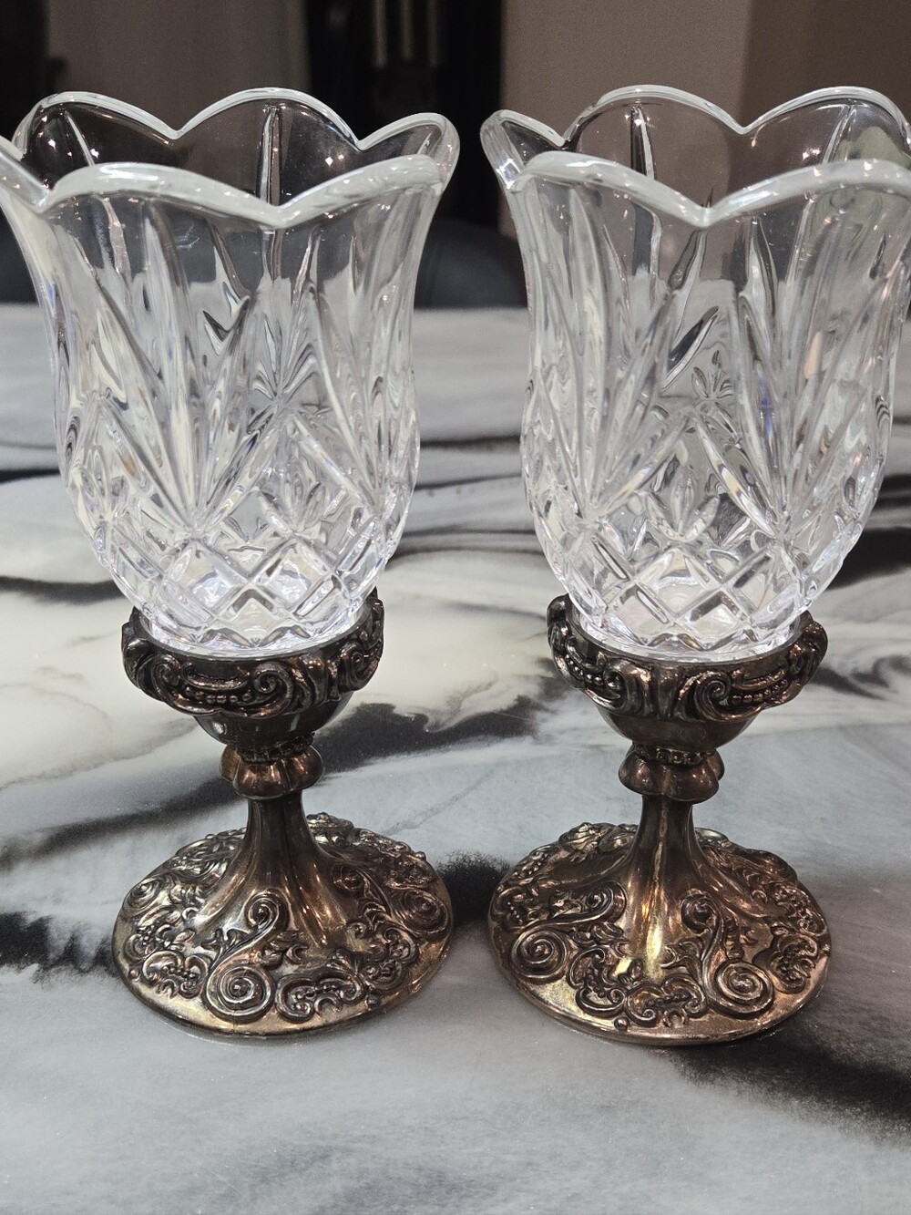 Vintage Godinger Crystal Tulip Hurricane Candle Holders Silver Plated Pair - Gr